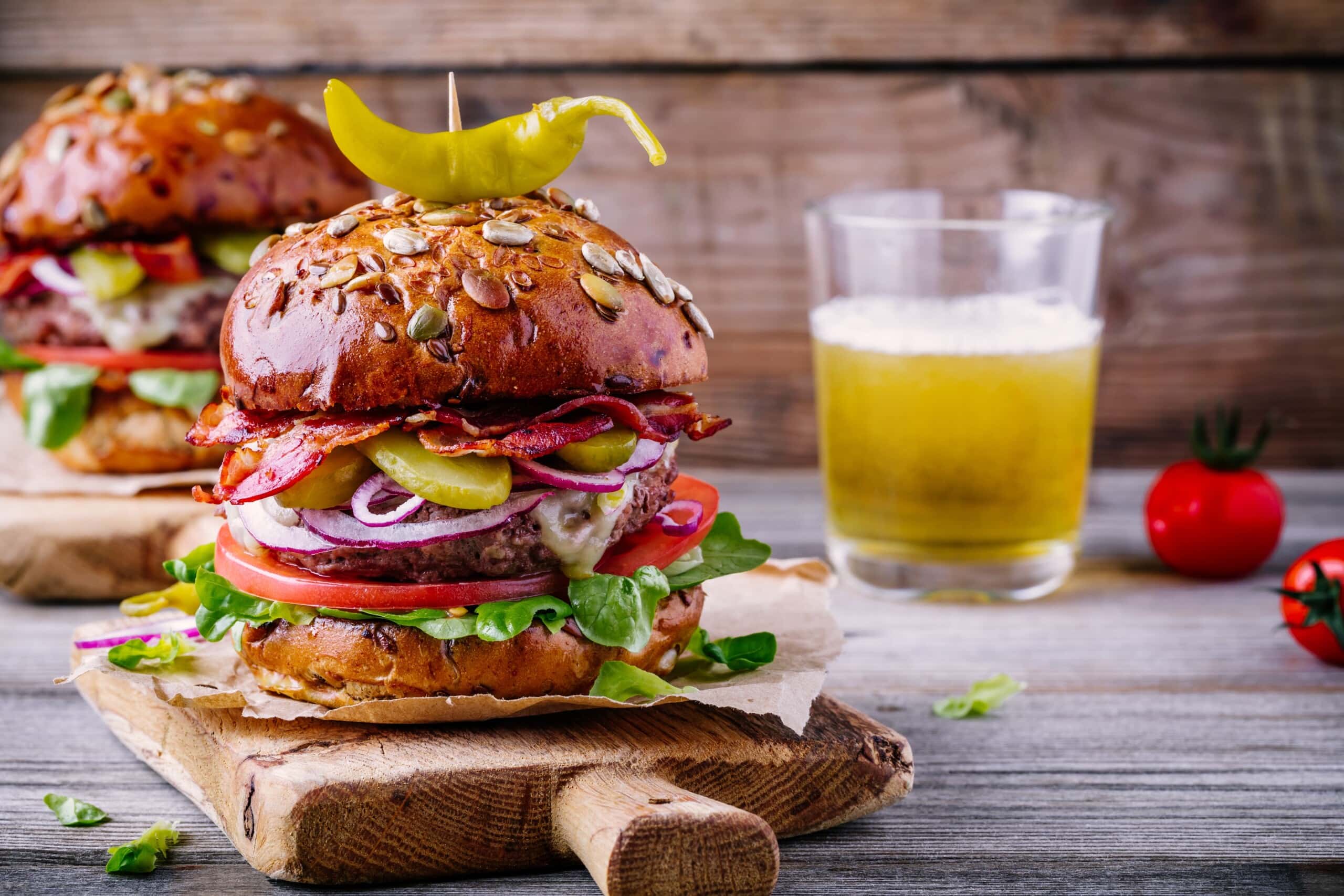 delicious homemade gourmet burgers with beer