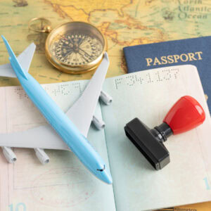 Approved Stamp visa and passport document to immigration at airport in country.