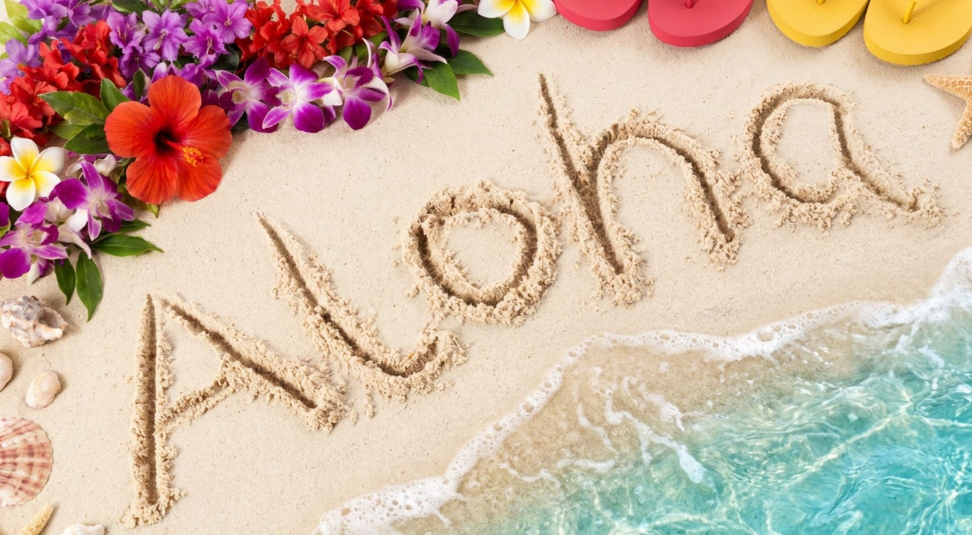 The world aloha written on the sand