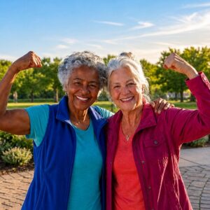 Two,Elderly,Women,Diverse,Friends,Portrait,Strong,Happy,Healthy,Outdoors