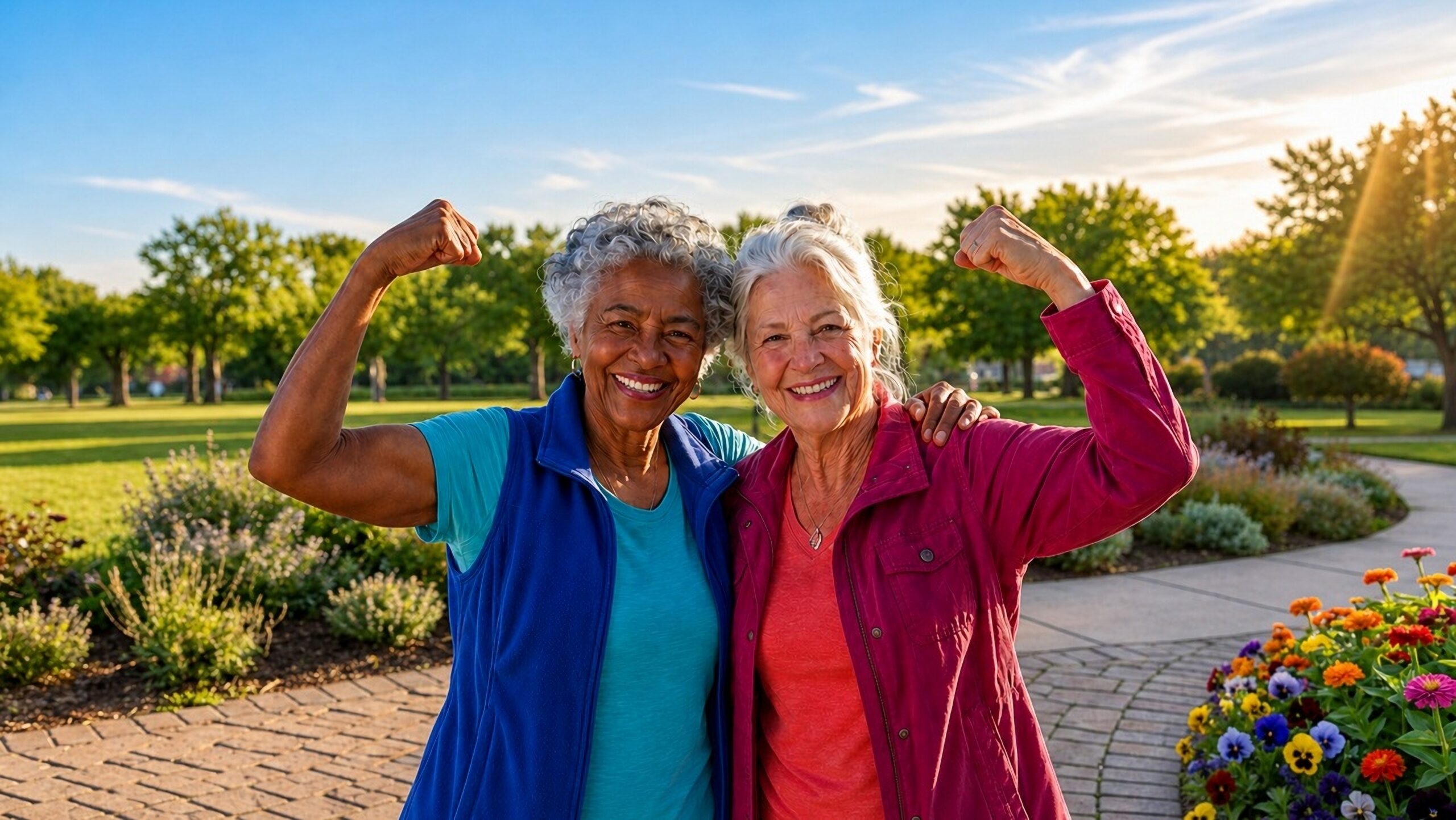 Two,Elderly,Women,Diverse,Friends,Portrait,Strong,Happy,Healthy,Outdoors